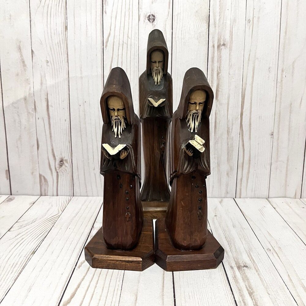 Vintage Wooden  Carved Friar Monk Reading Bible Bookends and Figurine Set of 3 M